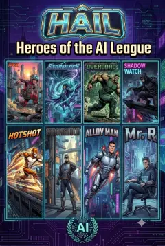 The heroes of the AI League in a neon cyberpunk city
